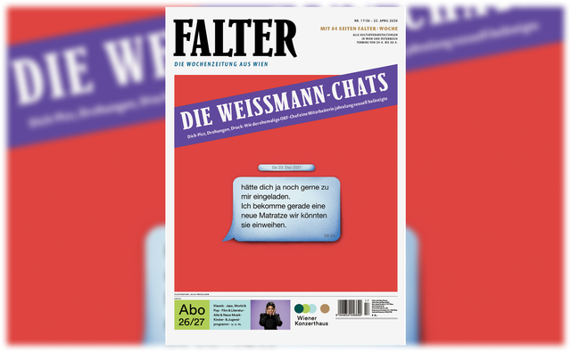 (Dieser ALT-Text wurde mithilfe von KI erstellt) Titelseite der Wochenzeitung „Falter“ mit der Schlagzeile „Die Weissmann-Chats“ und einer abgebildeten Chatnachricht über eine neue Matratze.