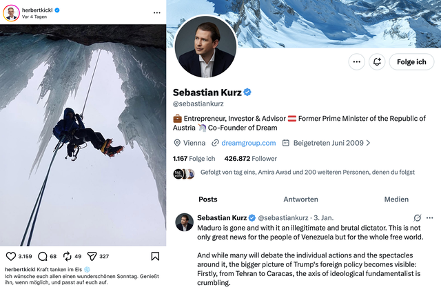 (Dieser ALT-Text wurde mithilfe von KI erstellt) Bildcollage: Links ein Kletterer an einem Seil unter einer Eisformation, rechts ein Screenshot eines Social-Media-Profils mit Profilbild und Textinformationen.