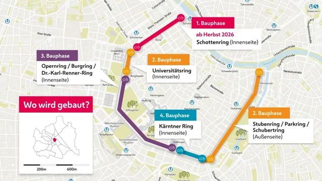 (Dieser ALT-Text wurde mithilfe von KI erstellt) Übersichtskarte zeigt geplante Bauphasen für Radwege am Wiener Ring: Schottenring, Universitätsring, Opernring/Burgring/Dr.-Karl-Renner-Ring und Kärntner Ring.