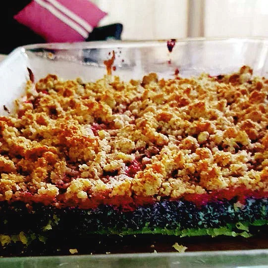 (Dieser ALT-Text wurde mithilfe von KI erstellt) Auflaufform mit mehrschichtigem Kuchen, bestehend aus Mohn-, Frucht- und Streuselschicht, im Anschnitt von der Seite fotografiert.