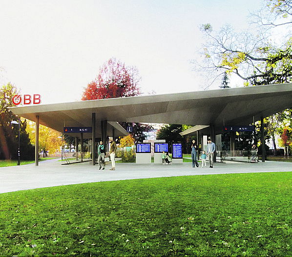 (Dieser ALT-Text wurde mithilfe von KI erstellt) Moderne, offene Haltestelle der ÖBB am Quartier Belvedere in Wien mit Flachdach, digitalen Anzeigetafeln und wartenden Personen auf einem begrünten Vorplatz.