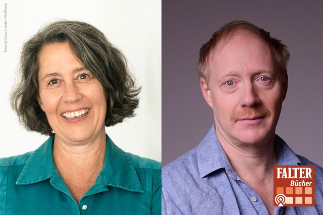 (Dieser ALT-Text wurde mithilfe von KI erstellt) Zweigeteiltes Bild: links eine lächelnde Frau mit grauem, schulterlangem Haar vor hellem Hintergrund, rechts ein Mann mit kurzem, rötlichem Haar und Schnurrbart vor grauem Hintergrund; unten rechts das Logo „Falter Bücher“.