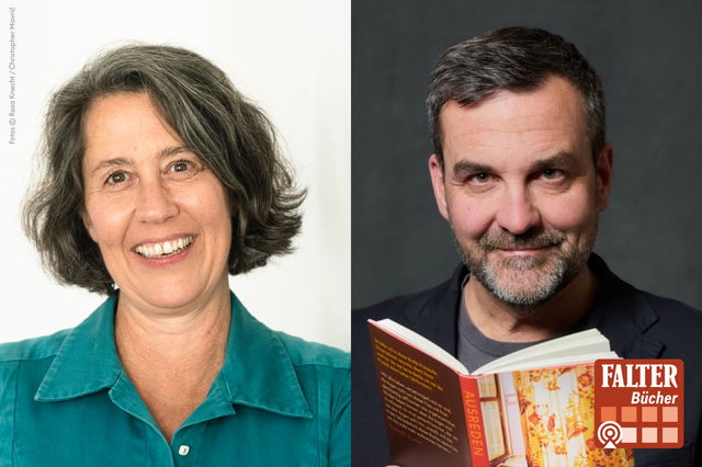 (Dieser ALT-Text wurde mithilfe von KI erstellt) Zweigeteiltes Bild: Links eine Frau mit grauem, schulterlangem Haar und türkisfarbener Bluse, rechts ein Mann mit Bart, der ein Buch hält. Unten rechts das Logo „Falter Bücher“.