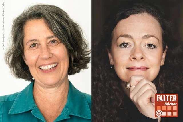 (Dieser ALT-Text wurde mithilfe von KI erstellt) Zweigeteiltes Bild mit Porträts zweier Frauen; links vor hellem, rechts vor dunklem Hintergrund, unten rechts das Logo „Falter Bücher“.