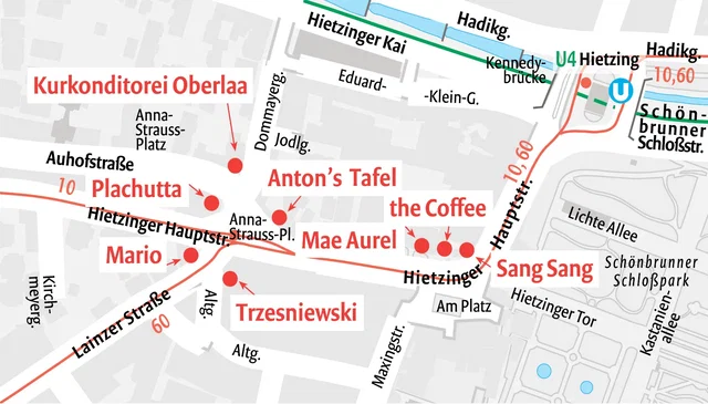 (Dieser ALT-Text wurde mithilfe von KI erstellt) Stadtplanausschnitt von Hietzing mit markierten Restaurants und Cafés, darunter Kurkonditorei Oberlaa, Plachutta, Mario, Anton’s Tafel, Mae Aurel, the Coffee, Trzesniewski und Sang Sang, sowie Straßen- und U-Bahn-Stationen.